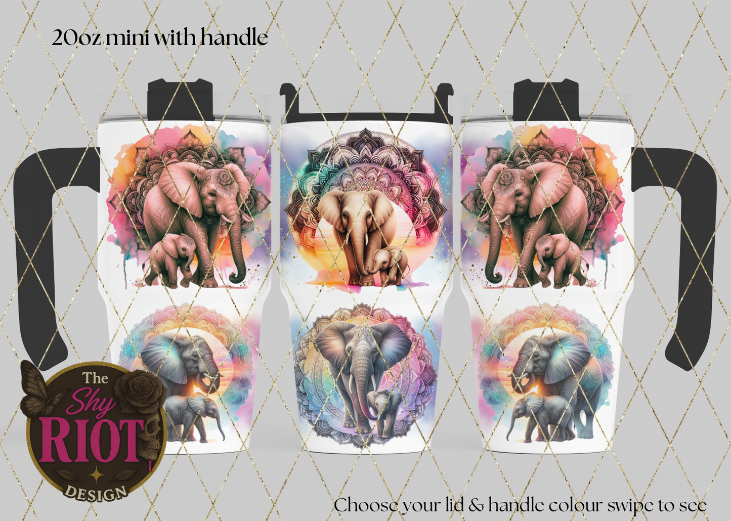 20oz mini with handle - Mandala Elephants & Mama Love