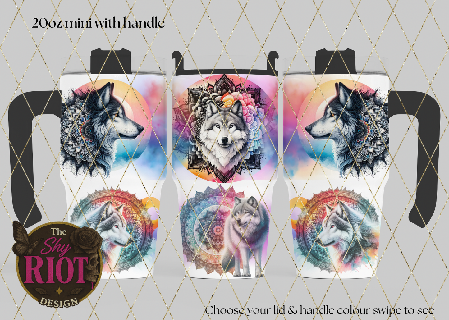 20oz mini with handle - Mandala Wolf Spirit