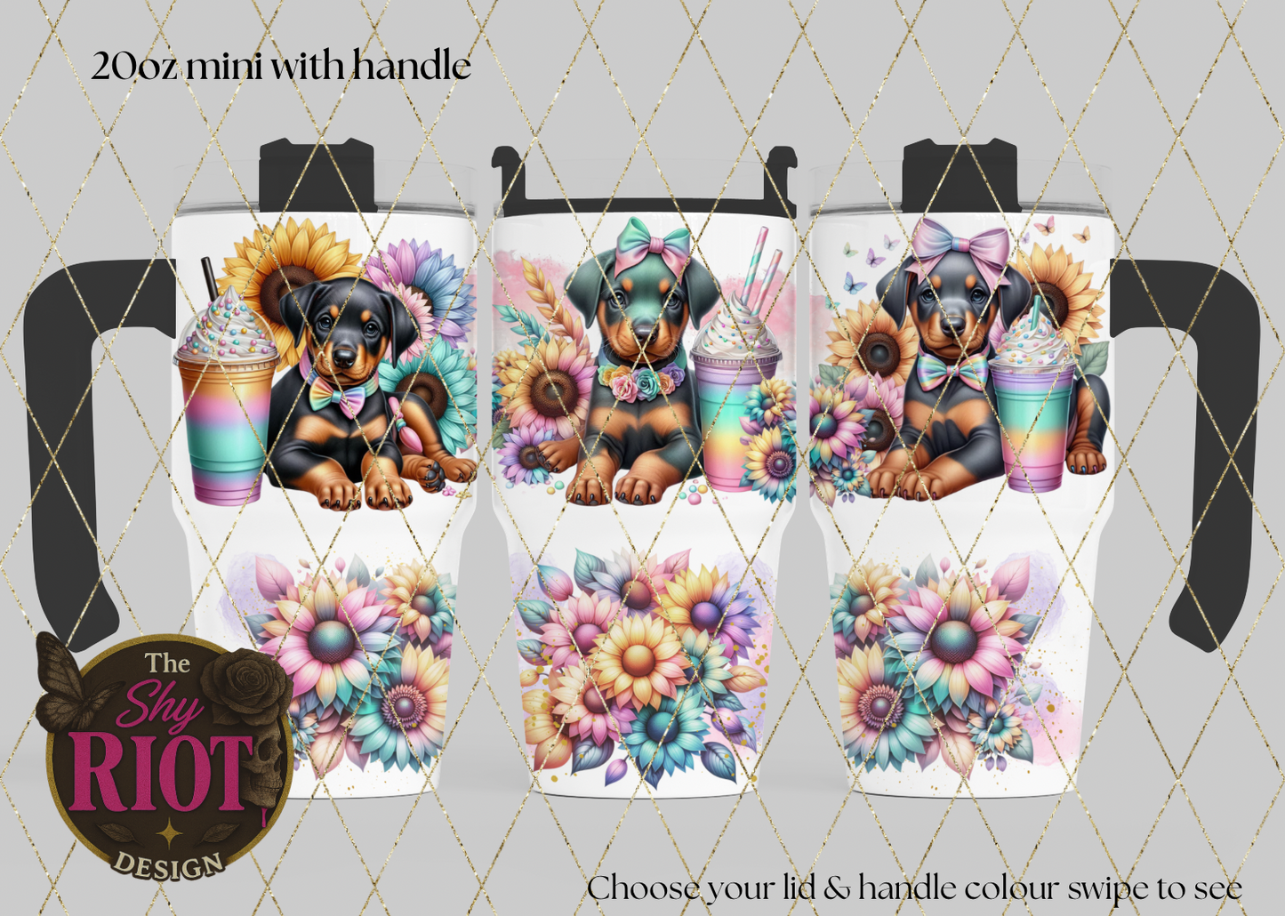 20oz mini with handle - Dapper Doberman & Rainbow Treats