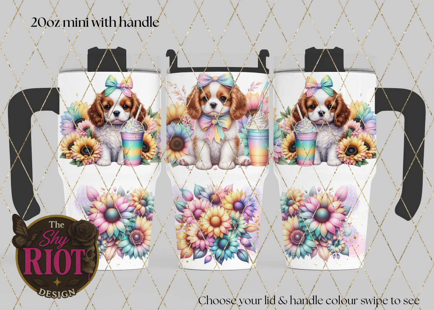 20oz mini with handle - Cavalier Cuteness & Rainbow Whimsy
