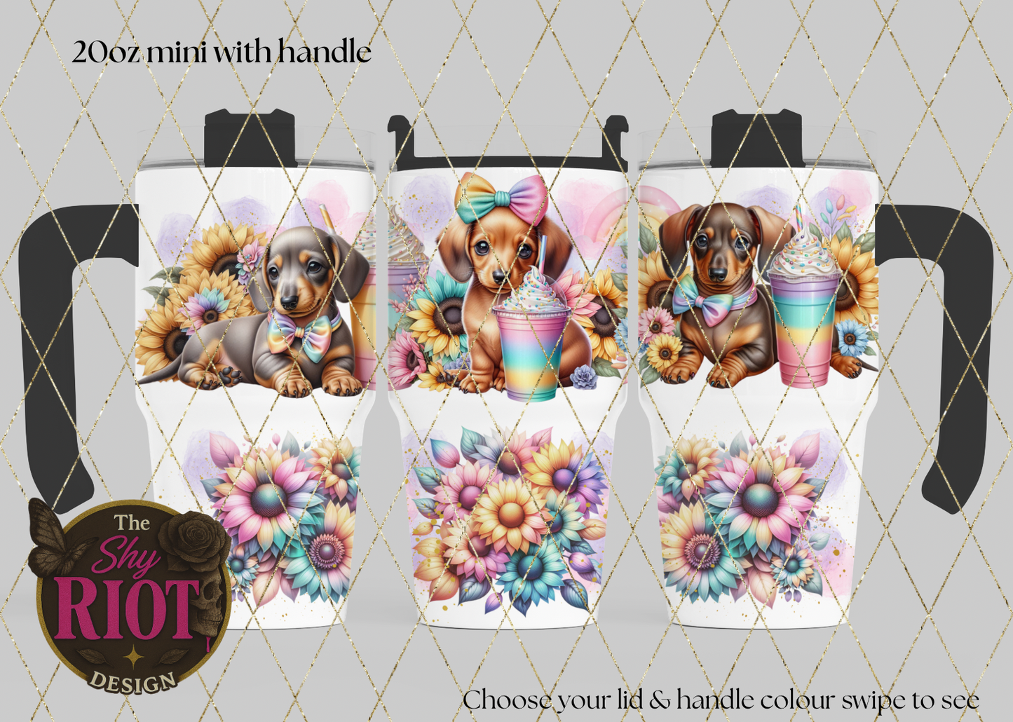 20oz mini with handle - Dashing Dachshund & Rainbow Delight